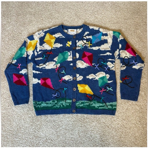 Talbots hand knit vintage 90s novelty kite and clouds cardigan petite small - Picture 1 of 11